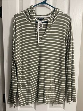 Women’s Buffalo David Bitton Green and White Striped Shirt with Drawsting Hood